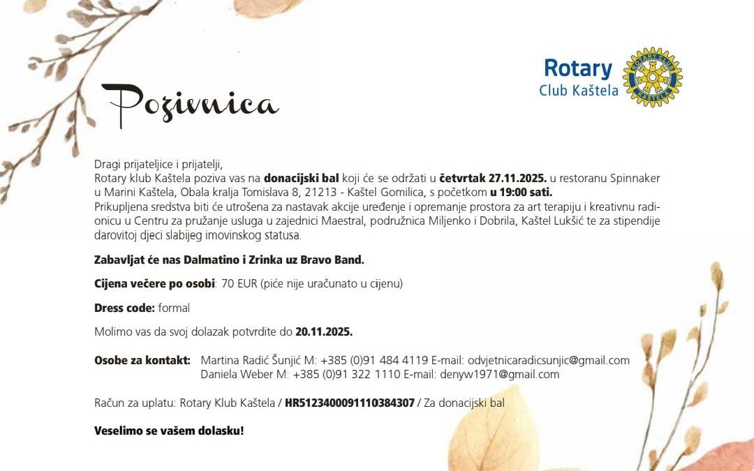 Poziv na donacijski bal u četvrtak, 27. 11. 2025. u 19 sati